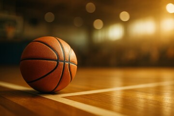 Naklejka premium Basketball Resting on Wooden Court With Warm Lighting During Game Time