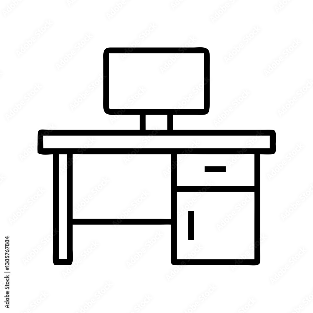 Poster office desk with computer monitor line art vector illustration for workspace and furniture design ne