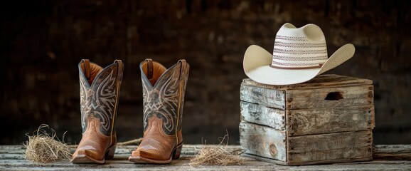 Western Style Boots and Hat on Rustic Wooden Crate