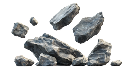 Falling rocks, rugged stone textures, mid-air freeze,