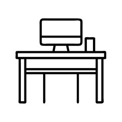 Office desk with computer monitor and stationery vector icon workspace furniture outline illustration drawing art 