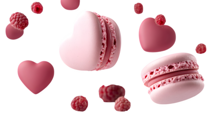 Flying heart-shaped pink macarons and raspberries, romantic dessert theme,