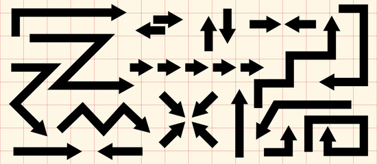 Bold black arrow set with sharp angles, straight lines, and dynamic directions on a grid background. Ideal for infographics, UX UI design, navigation, and modern graphic projects.