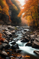 a river with rocks and leaves in the fall blur background image and use it as your wallpaper, poster and banner design
