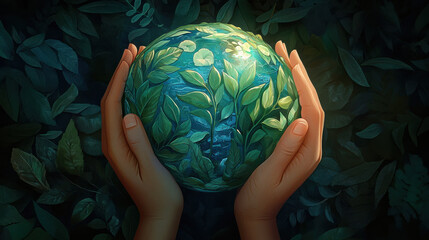 Conceptual illustration of hands supporting a nature-filled globe with dense forest patterns and blue water channels, eco-themed environment surrounded by leaves, fresh green tones