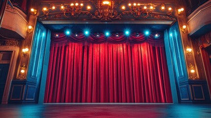 Ornate theater stage with red curtain and glowing lights above