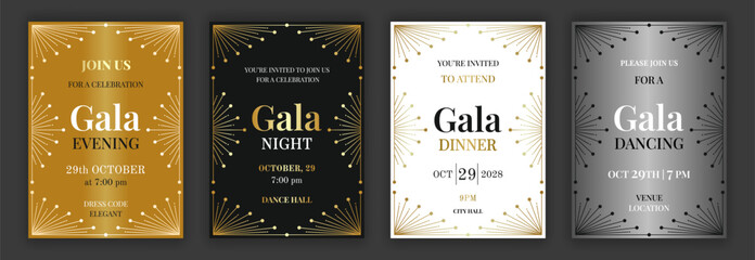 Geometry ornate black, gold, white and silver gala evening, dinner, night, dancing invitation template. Art deco style decor retro linear background. EPS 10 vector illustration.