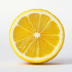 Fresh lemon slice isolated on white background · Detailed citrus cross-section with juicy texture and vibrant yellow tones, ideal for food ads, packaging design, health products, summer drinks, or wel