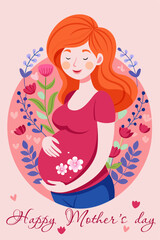 Birth of emotions: female silhouette, flowers and pink background in vector illustration for mothers.