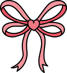 doodle bow Pink bow with a heart-shaped center, symbolizing love and celebration. in color line style
