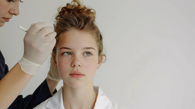 High-quality photo of a young woman being examined by a dermatologist for hair growth, fall reduction.

