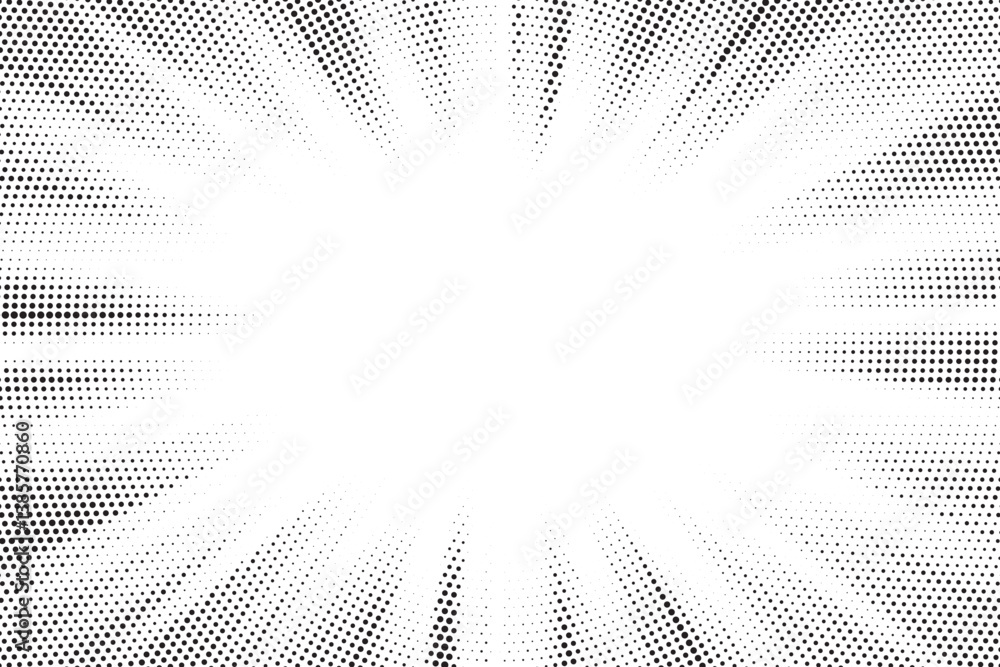 Poster Halftone gradient sun rays pattern. Abstract halftone vector dots background. monochrome dots pattern. Vector background in comic book style with sunburst rays and halftone. Retro pop art design.	