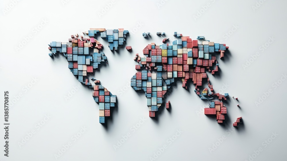 Poster global map artwork created from colorful shipping containers in artistic display modern environment 