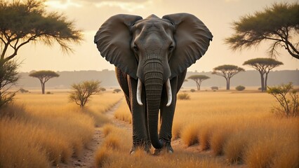 Obraz premium A majestic African elephant with tusks stands in the middle of a golden savanna grassland as the sun sets, evoking the raw beauty of nature and the vulnerability of wildlife in their natural habitat.