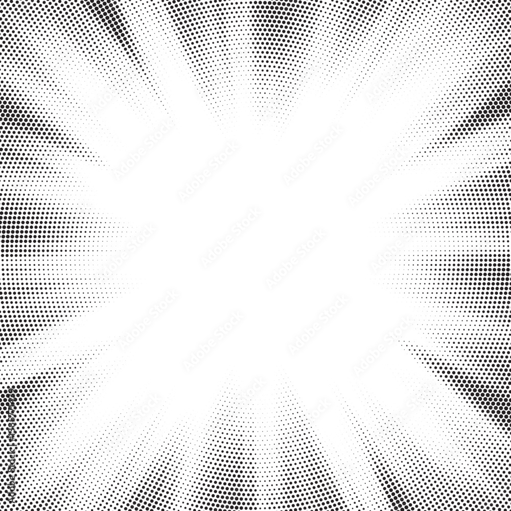 Poster Halftone gradient sun rays pattern. Abstract halftone vector dots background. monochrome dots pattern. Vector background in comic book style with sunburst rays and halftone. Retro pop art design.