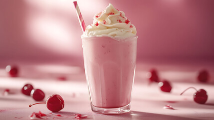 A strawberry milkshake with whipped cream and a cherry light background