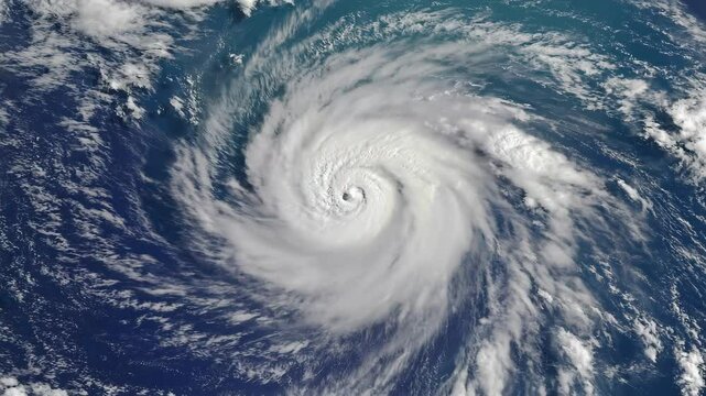 The massive cyclone stretches across the ocean, its churning arms and dense cloud bands captured in breathtaking detail, symbolizing nature&rsquo;s raw power.



