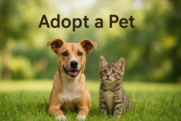 Happy Dog and Cat Together Promoting Pet Adoption in a Sunny Park