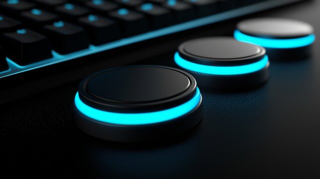 Close-up of illuminated control knobs on a modern keyboard.