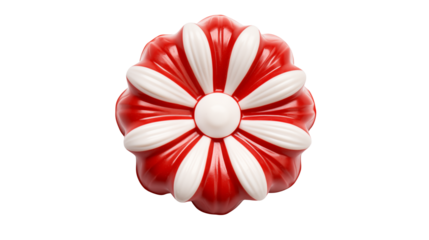 A red and white flower shaped object with a central white sphere on a black background
