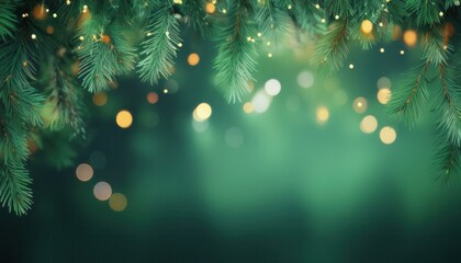 festive pine branch border with golden fairy lights on green bokeh background ideal for holiday invitation or banner design

