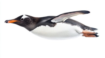 Naklejka premium Flying gentoo penguin in arctic environment wildlife photography aerial view natural habitat animal behavior