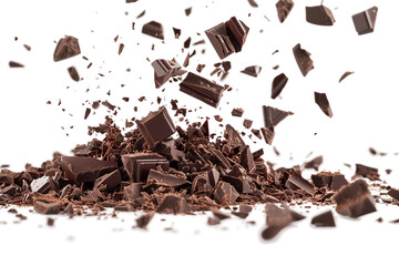 Fototapeta premium Chocolate Cake Crumbs in Motion with Vibrant Flying Effect isolated on transparent background