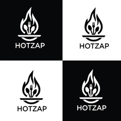 Monochromatic Logo Design Concepts: An Analysis of the HotZap Brandmark Featuring Stylized Flames and Dining Implements

