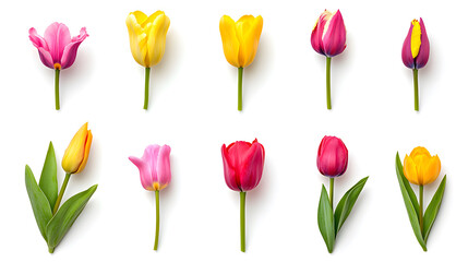Collection of fresh colorful  tulip flowers bouquet isolated on white background