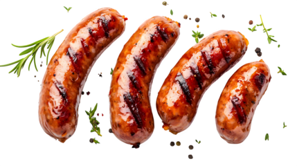Grilled sausage, top view, juicy texture,