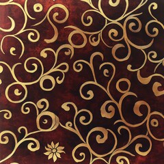 Elegant Golden Swirl Pattern on Rich Red Background for Textiles