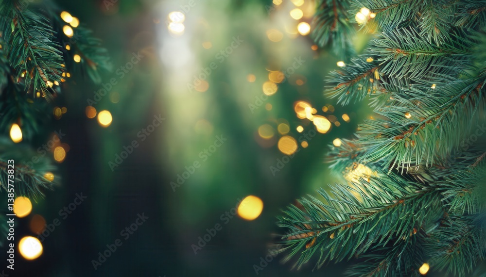 Poster close-up of pine tree branches with warm string lights and soft bokeh background, ideal for festive or nature themed design

