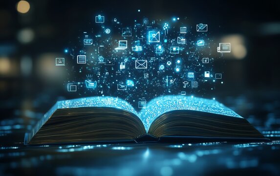 Open book with holographic online learning icons above it, digital education concept, futuristic and modern design, highresolution digital art
