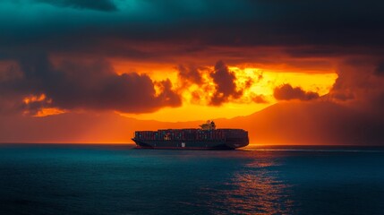 Naklejka premium Container ship navigating sunset waters ocean maritime photography dramatic skies side view journey of trade