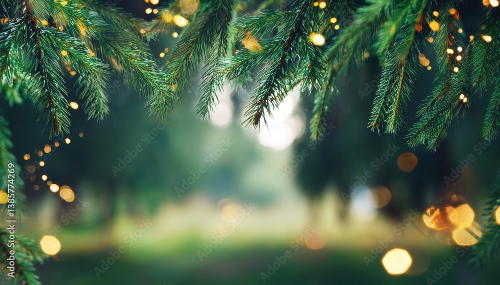 Poster close-up of pine tree branches with warm string lights and soft bokeh background, ideal for festive or nature themed design

