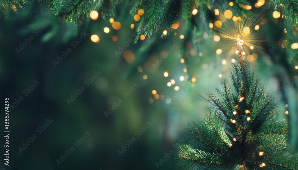 Poster close-up of pine tree branches with warm string lights and soft bokeh background, ideal for festive or nature themed design

