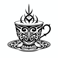 Ornate Tribal Cup And Saucer Illustration Black And White Representing Hot Drinks Or Cafe Culture With Copy Space