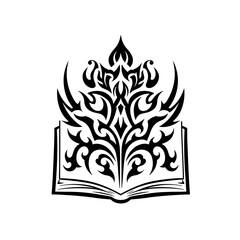 Open Book With Tribal Ornament Stylized Illustration Black And White Representing Knowledge Magic Or Decoration With Copy Space