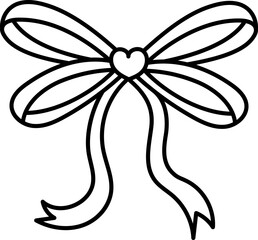 Decorative ribbon bow with a heart at the center. in doodle line style