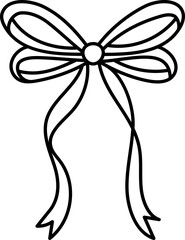 Black outline of a decorative bow with trailing ribbons. in doodle line style