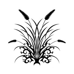 Stylized Grass with Tribal Ornament Silhouette in Black and White Representing Nature and Tattoo Design with copy space