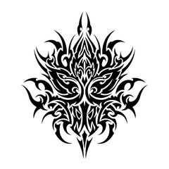 Symmetrical tribal mask motif in black and white representing an ethnic tattoo design with copy space