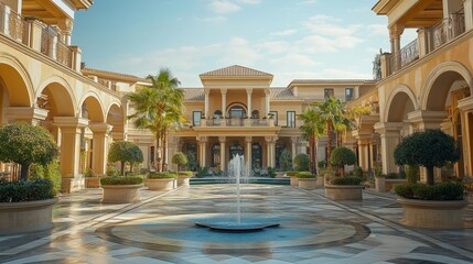 Fototapeta premium Elegant courtyard architecture luxurious mansion outdoor fountain sunny day wide angle serenity and opulence