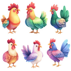 Fototapeta premium Vibrant Rooster Collection: A delightful watercolor composition showcases a variety of colorful roosters, each bursting with unique character and charm. A visual feast of avian artistry