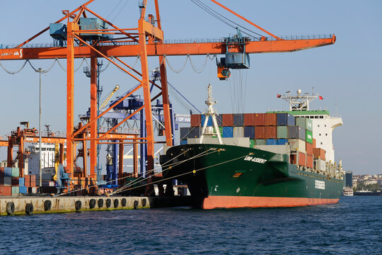 Istanbul, Turkey - August 17, 2020: Evergreen container ship is seen moored in a port along Bosporus strait.