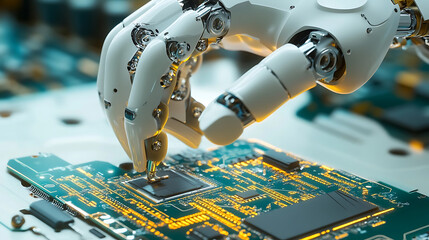 A robotic gripper hand assembling a smartphone motherboard, visible gold circuit lines and soldering joints, clean laboratory background