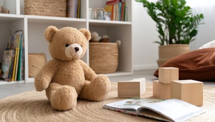 Teddy bear reading a book in a kid's playroom. Blocks and plant background