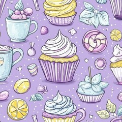 Cute and Colorful Desserts and Sweets Pattern on Purple Background