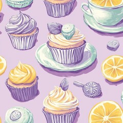 Colorful Cupcakes and Tea on a Lilac Background with Citrus Slices