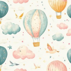 Colorful Hot Air Balloons with Clouds and Stars in Soft Pastels